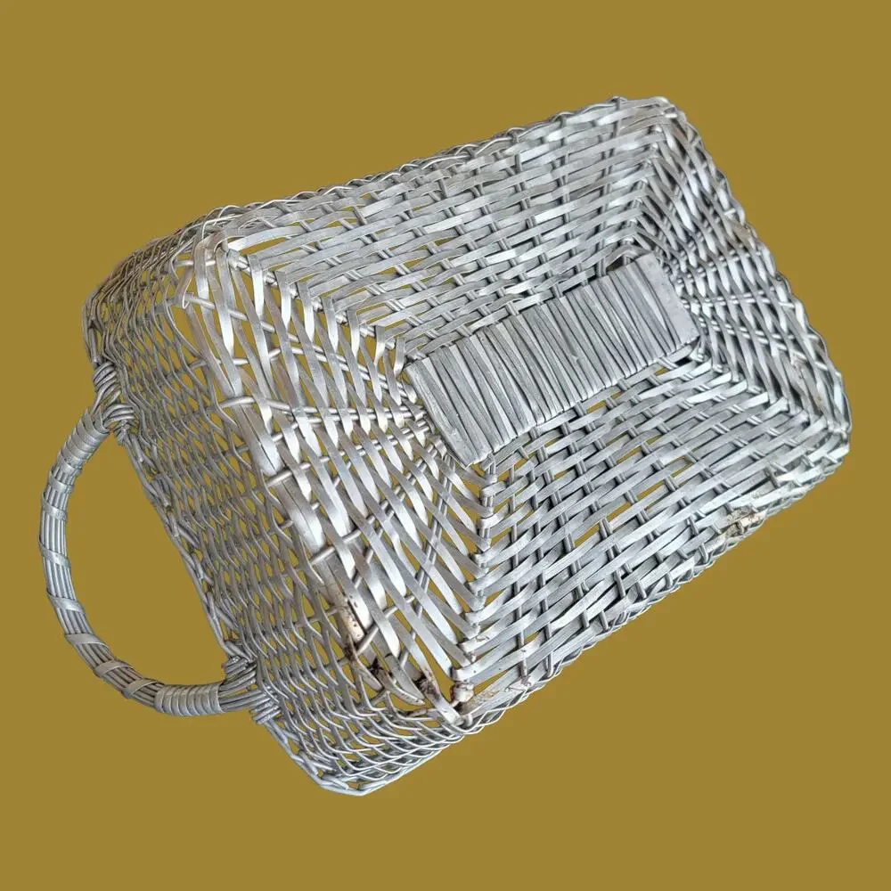 Vintage 1970s MCM Double Handled French Woven Metal Bread Basket